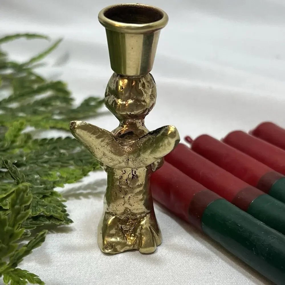 Vintage Brass 2.75” Praying Angel Christmas Candlestick Holder + 5 Candle Tapers